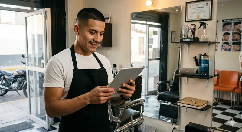 Peluquero joven gestiona su barbería con PACAY en tablet